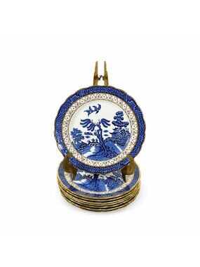 Bread and Butter Place Set 8 Booths Real Old Willow Blue Gold Trim Vintage Repla
